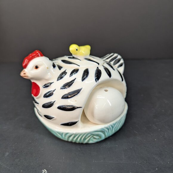 Vintage White and Black Chicken on Nest Sugar Bowl with Egg Salt & Pepper Set - Picture 11 of 11